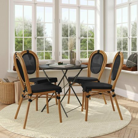 FLASH FURNITURE Marseille Thonet French Bistro Stacking Chair, Black Textilene and Bamboo Print Aluminum Frame, 4PK 4-SDA-AD642002S-TXT-BK-NAT-GG